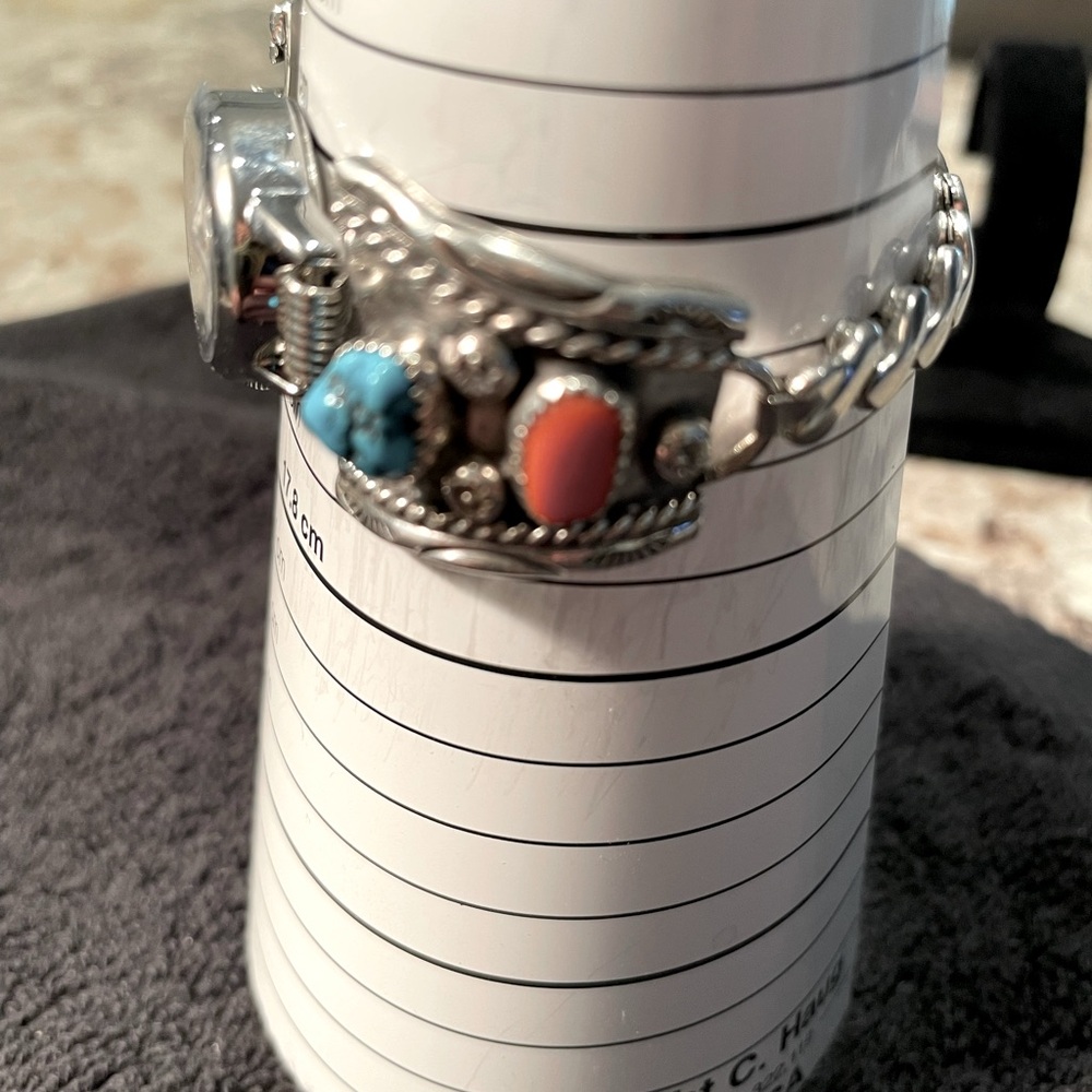 Vintage Navajo Turquoise & Coral Nugget Watchband Featuring New Watch - Picture 6 of 10